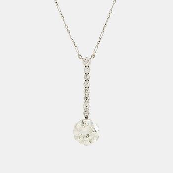 428. A platinum necklace set with a round brilliant-cut diamond weight ca 5.25 cts quality ca M/N vvs.