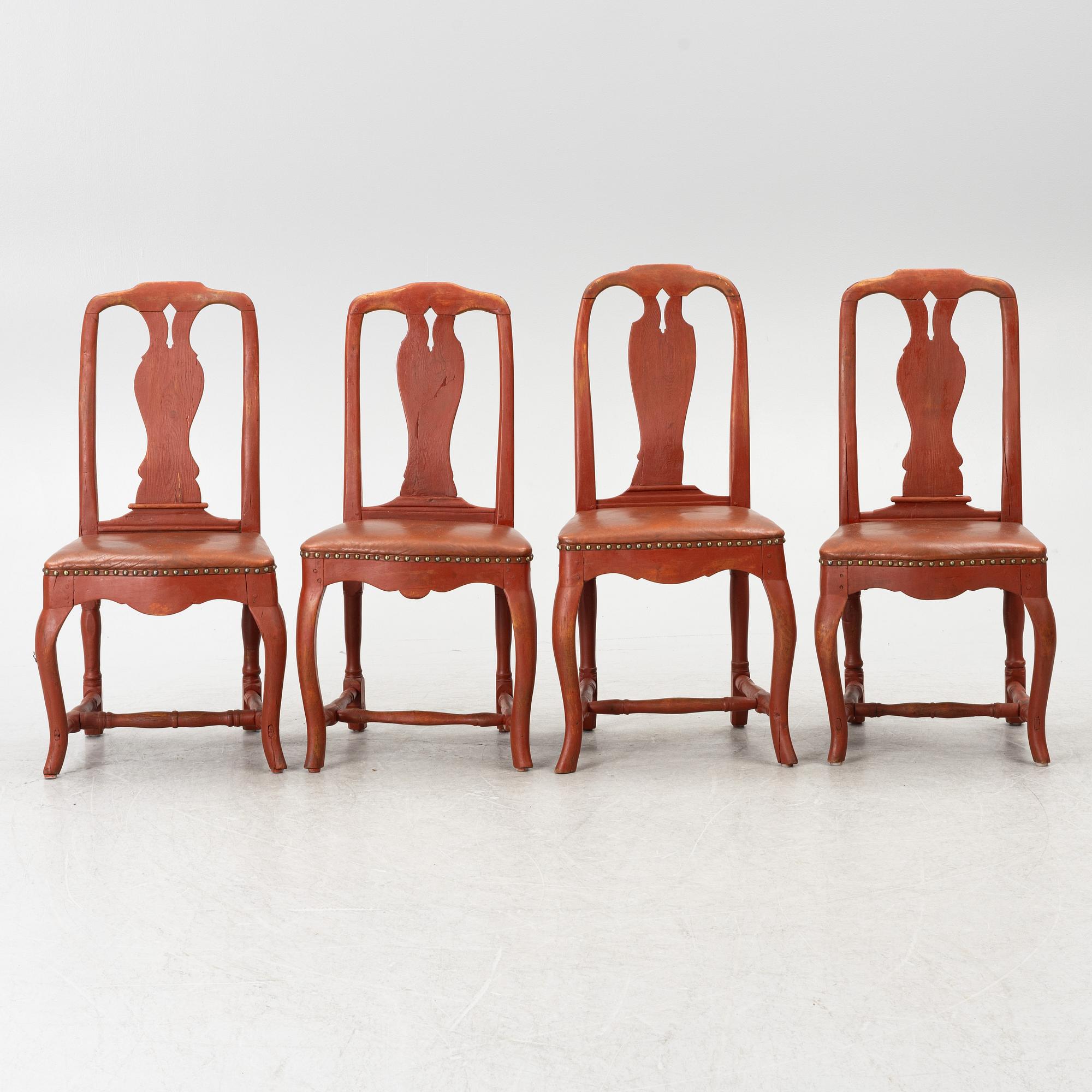 A set of four Swedish rococo chairs, later part 18th century.