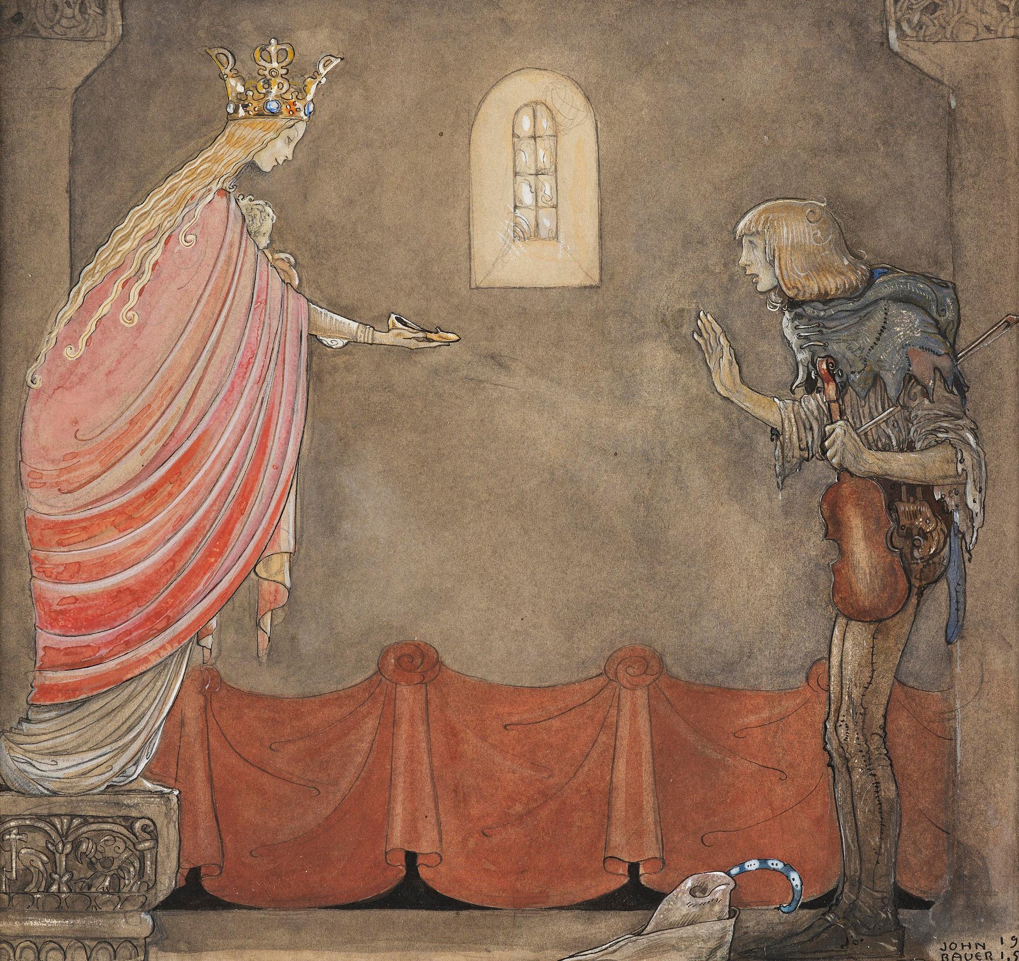 John Bauer, "Madonnan ger spelmannen sin ena sko" (from "Spelmannen som fick madonnans guldsko").