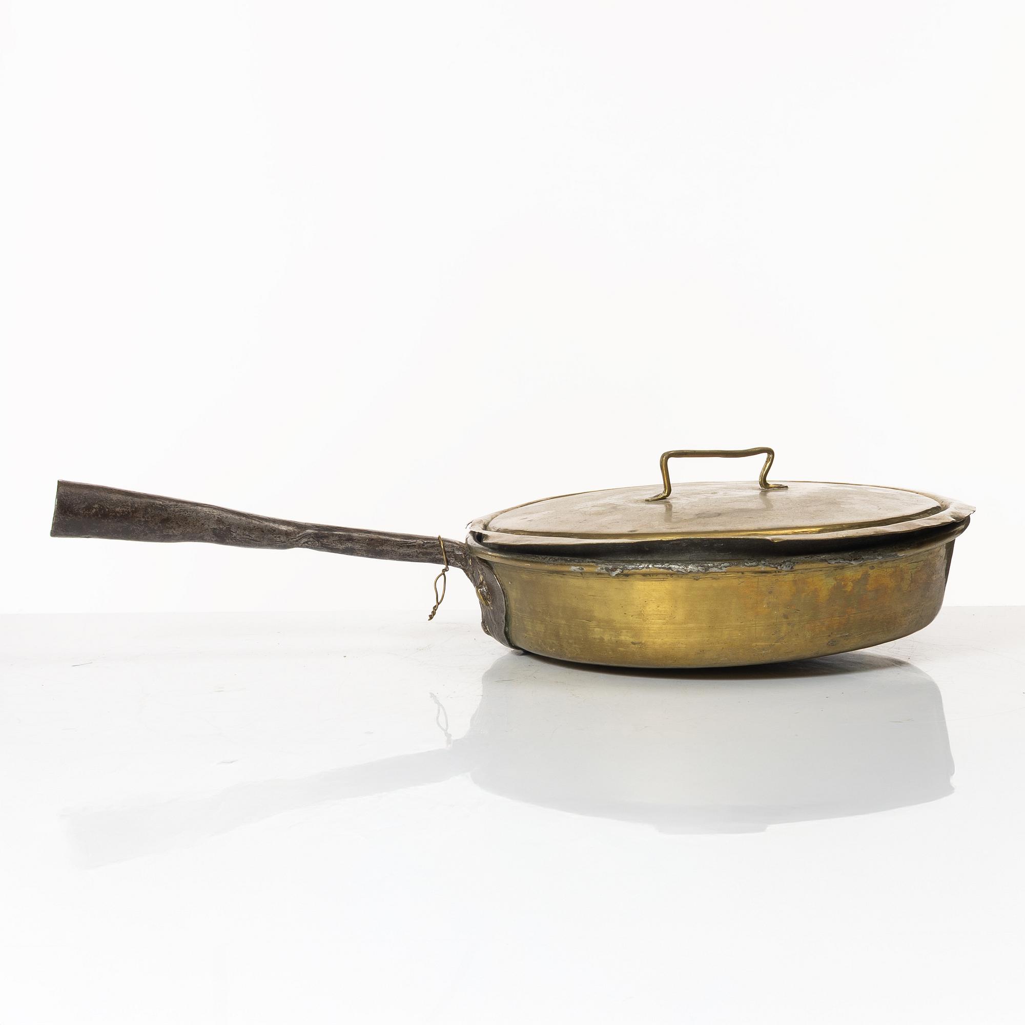 A Swedish brass lidded saucepan, 18th century.