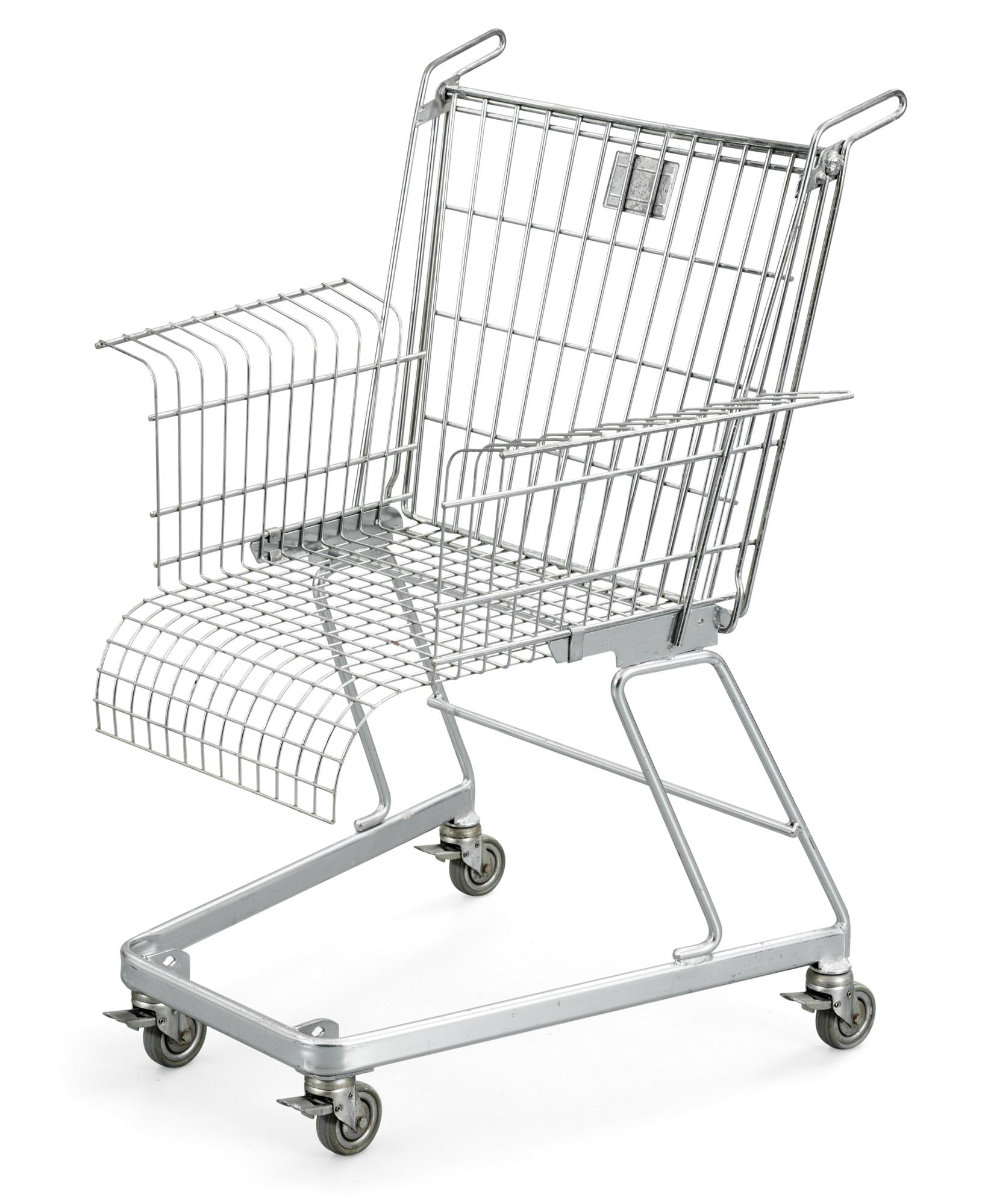 A Frank Schriener 'Consumer's Rest'  galvanized steel wire shopping cart chair, model 2, Stiletto Studios,