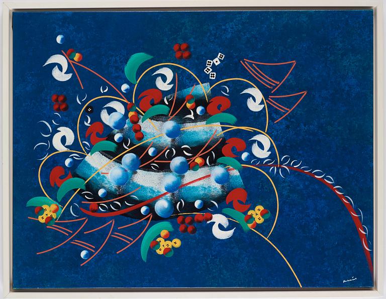 Carl Fredrik Reuterswärd, "Flying game on dark-blue".