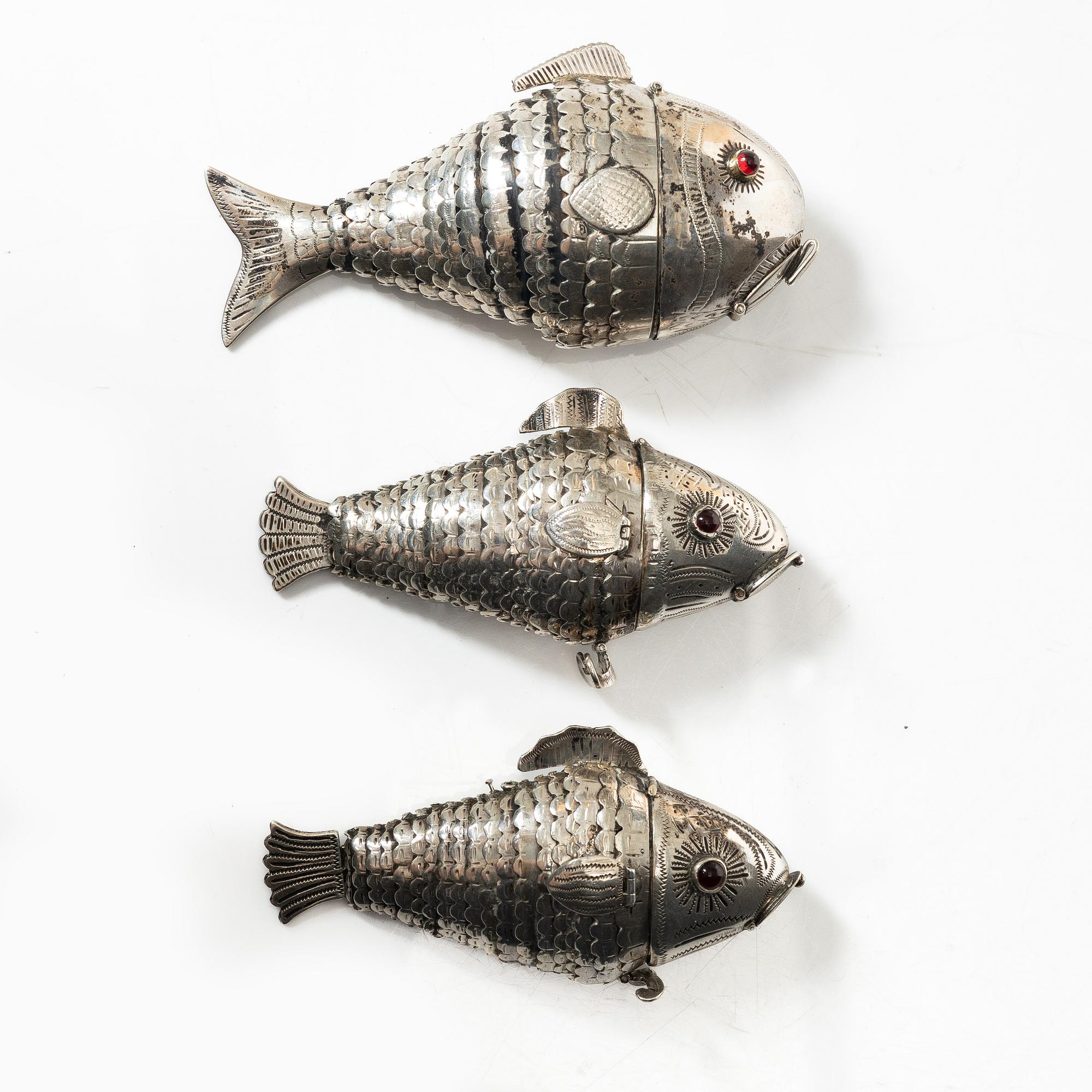A set of three silver table decorations/boxes, 19th Century.
