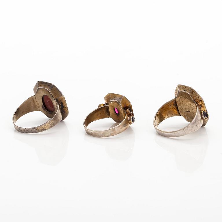 Rings, 3 pcs, silver, glass, Finland 19th century.
