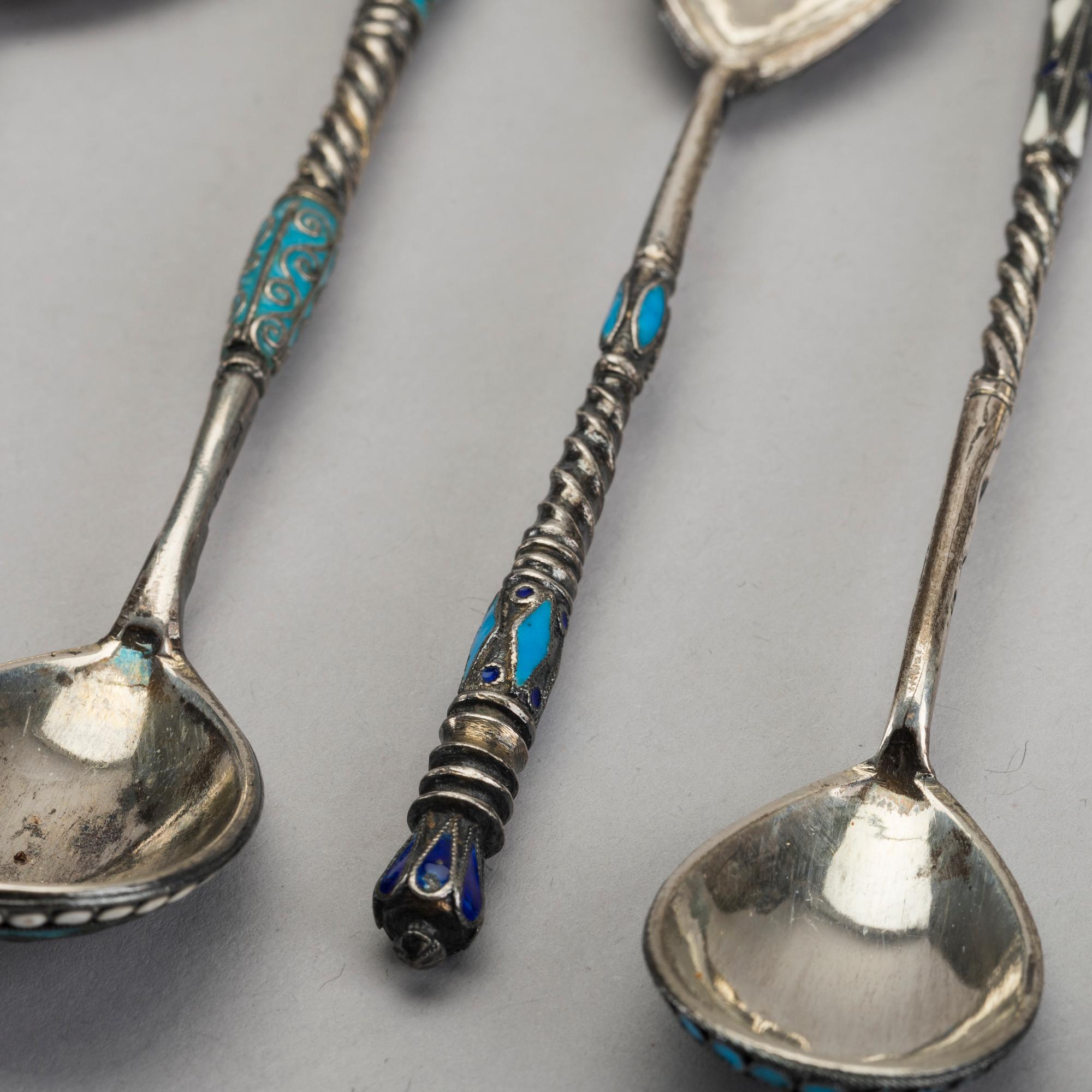 A set of six Russian silver and enamel spoons, around 1900 weight ca 195 gr.
