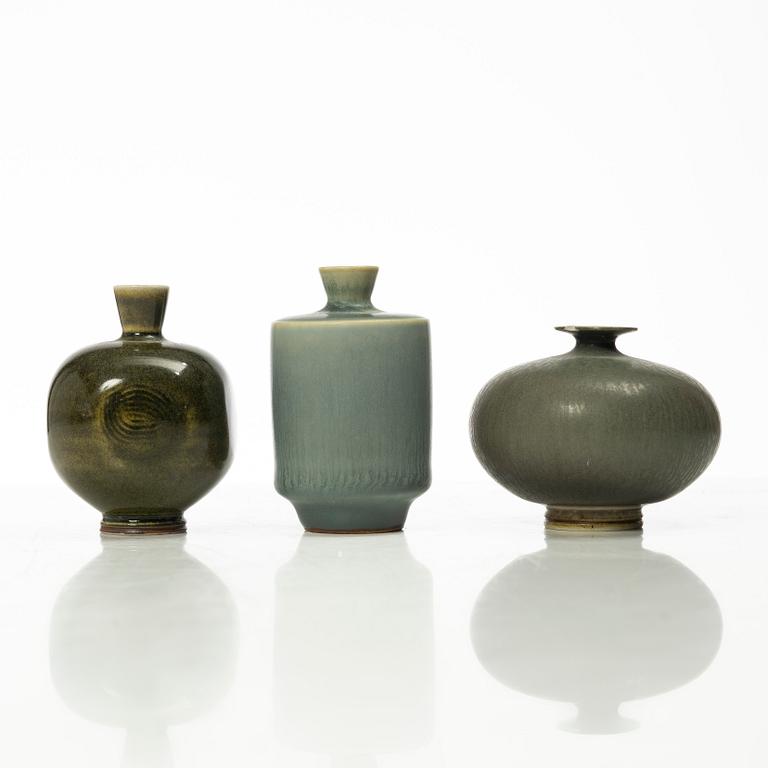 Berndt Friberg, five stoneware miniture vases, Gustavsberg Studio, Sweden, including 1968.