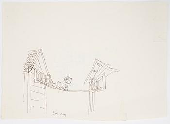 BJÖRN BERG, akvarell på papper samt tuschteckning på papper "Emil i Lönneberga". Signerade.