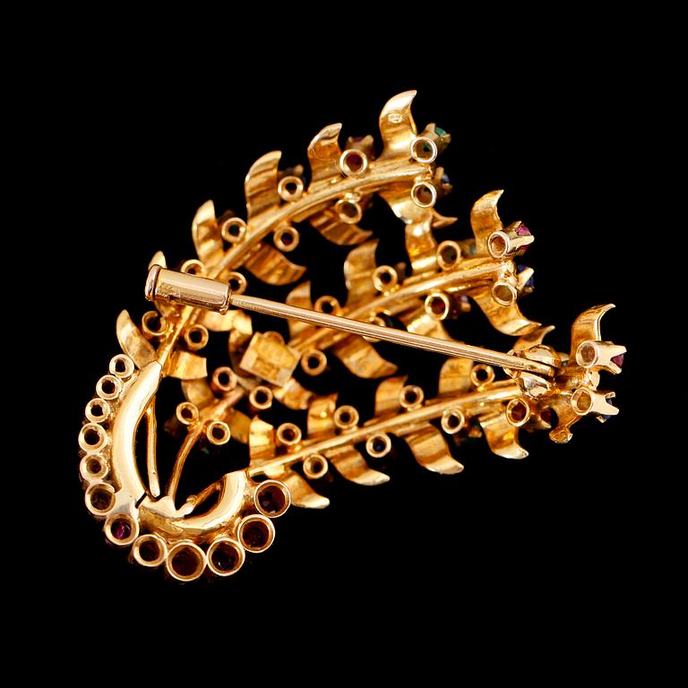 BROSCH, 18 k, guld, med safirer, rubiner och smaragder. Total vikt ca 10 g.