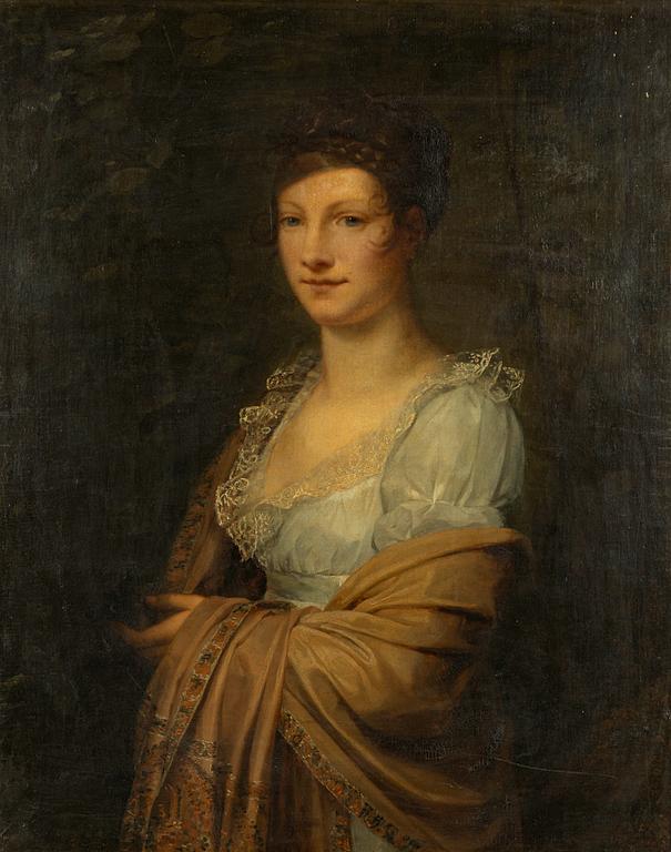 Engelsk skola, omkring 1800, Ung kvinna i landskap.