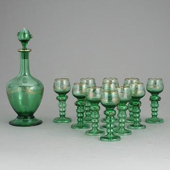 KARAFF SAMT REMMARE 11 STYCKEN, glas. 1900-talets mitt.