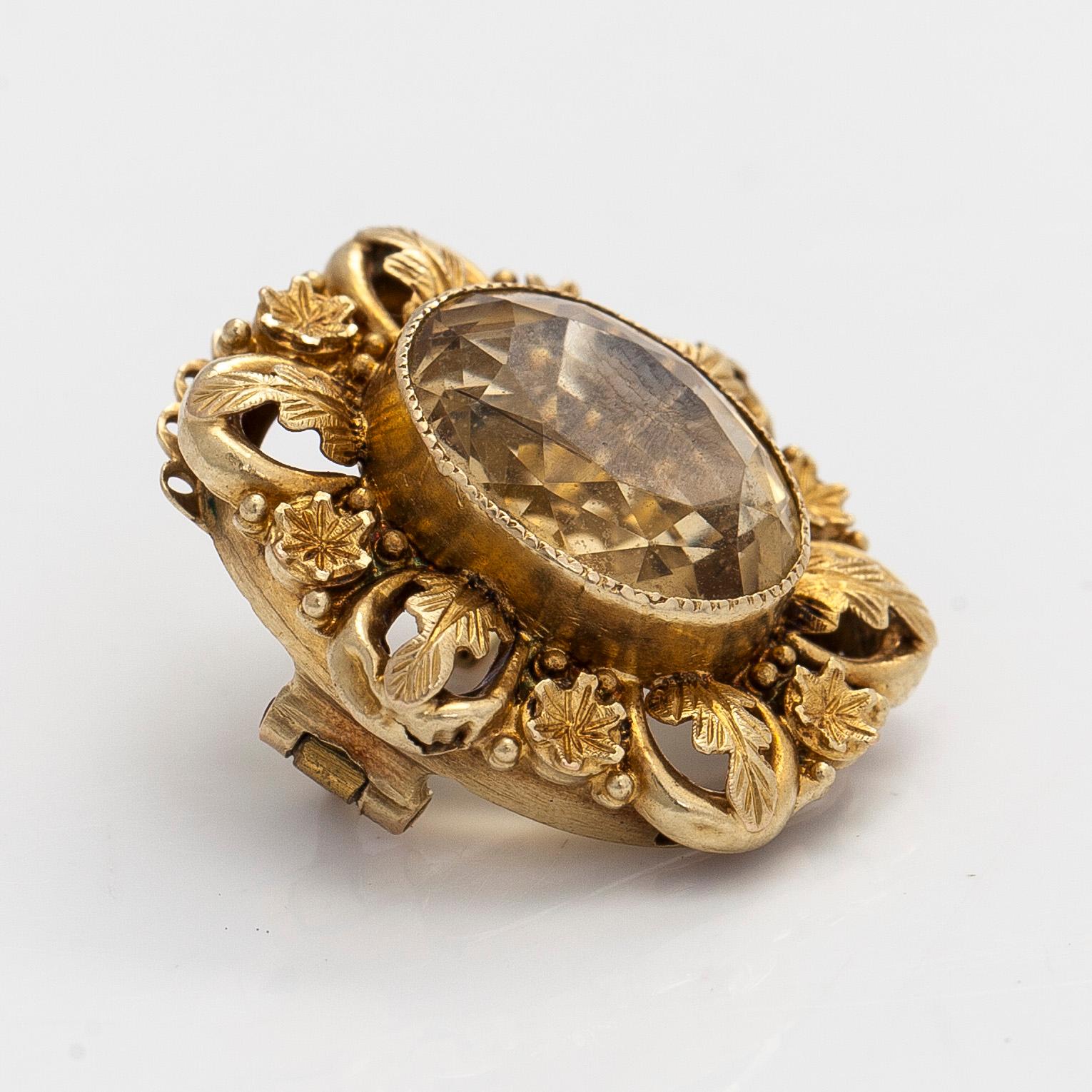 Rintakoru, viistehiottu sitriini, 18K kultaa, 1800-luvun puoliväli.