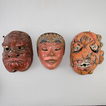 A group of dancing maskes, mostly Japanese Bugagku masks, Meiji period (1868-1912).