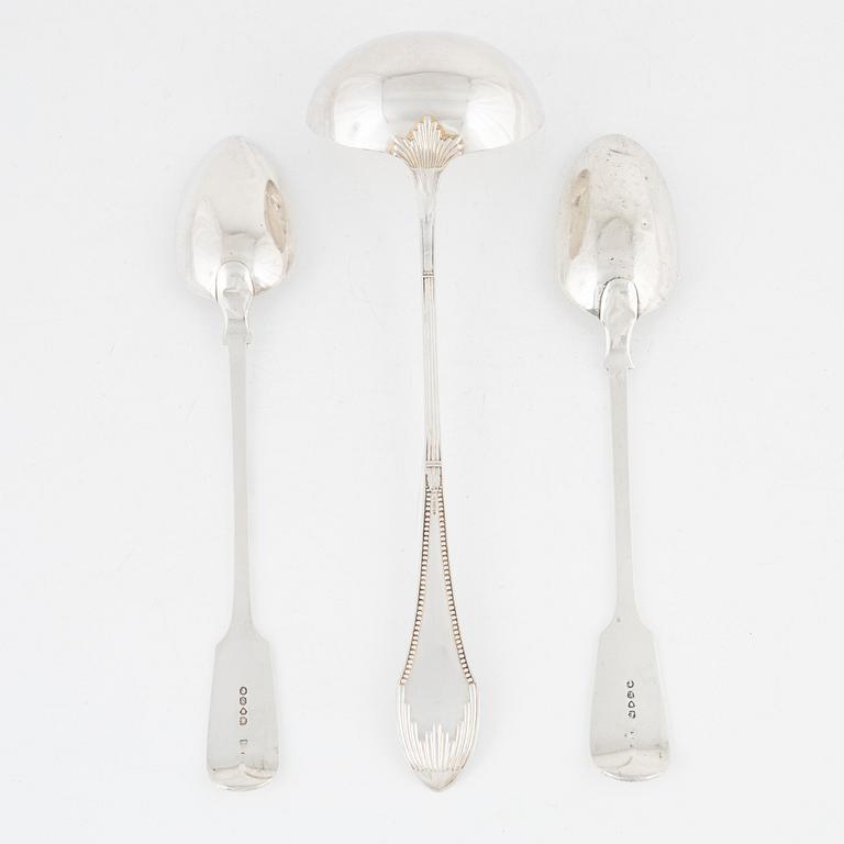 A Silver Soup Ladle and two Serving Spoons, one with mark of Elizabeth & John Eaton, London 1859.