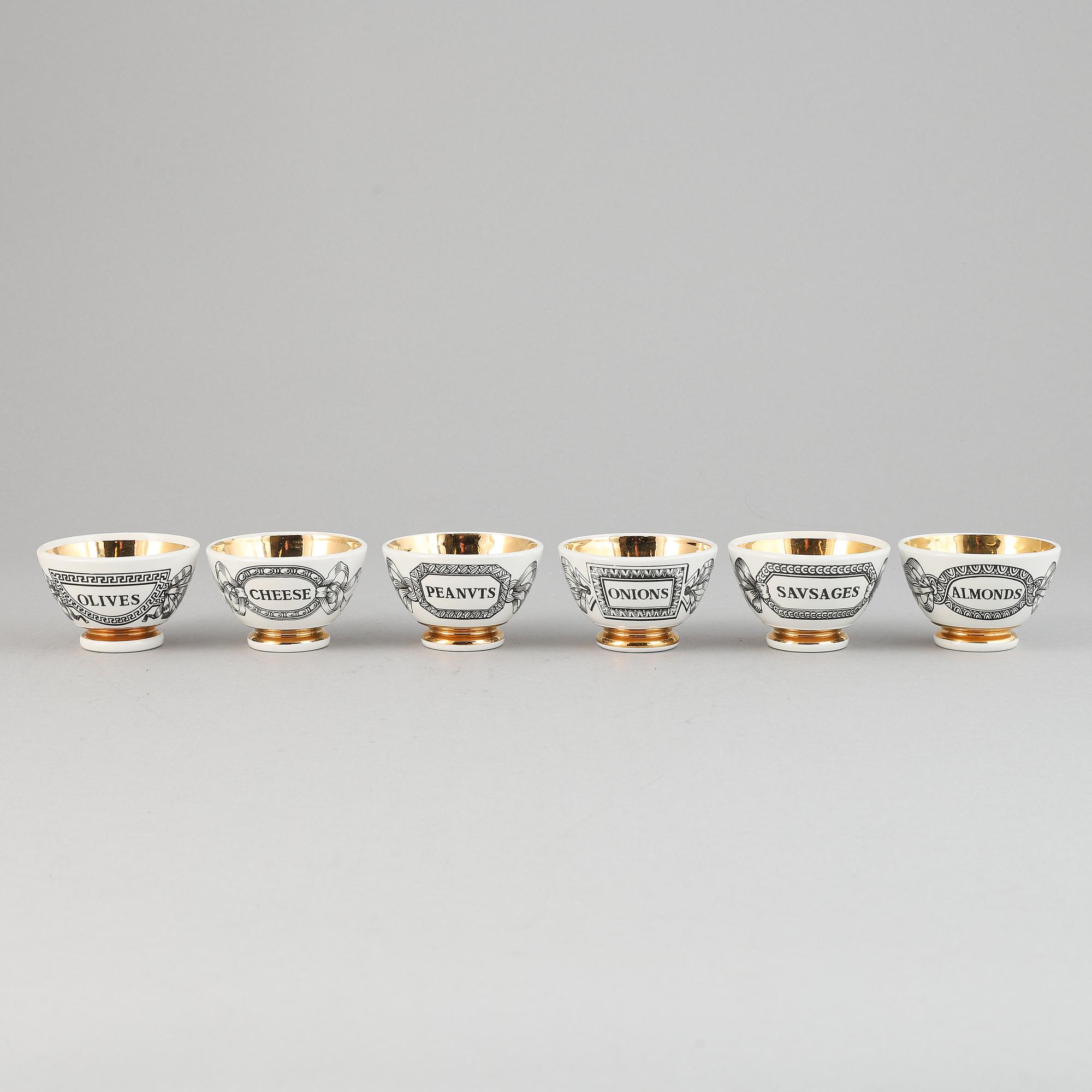 Piero Fornasetti, skålar, 6 st, porslin, Milano, Italien.