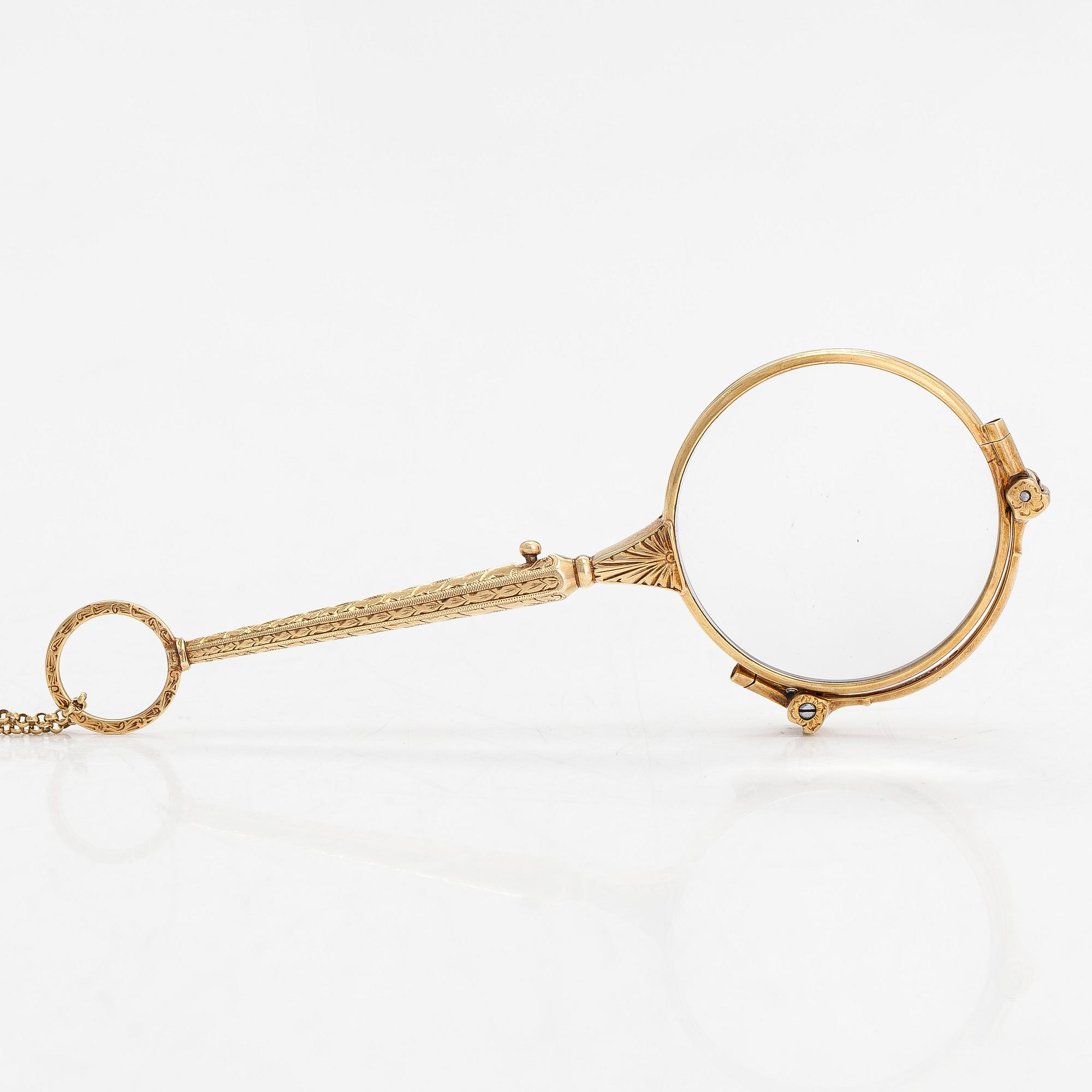 Lornjett med kedja, 14K guld. Importstämplad Hugo Grün, Helsingfors 1929.