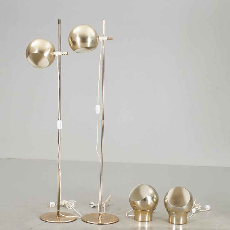 GOLV- OCH VÄGGLAMPOR, två par, Hemi bl.a "Klot 3", 1970-tal.