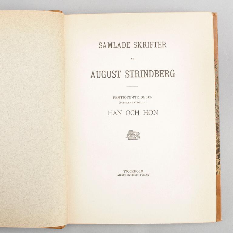 BOKBAND, 55 volymer, "Samlade skrifter av August Strindberg", Albert Bonniers förlag, Stockholm, 1912.