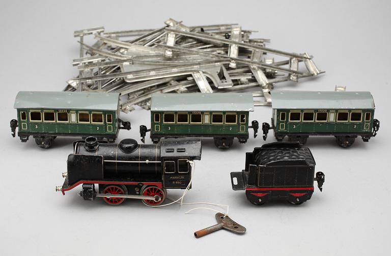 TÅGSET, 5 delar + räls, Märklin, 1900-talets första hälft.