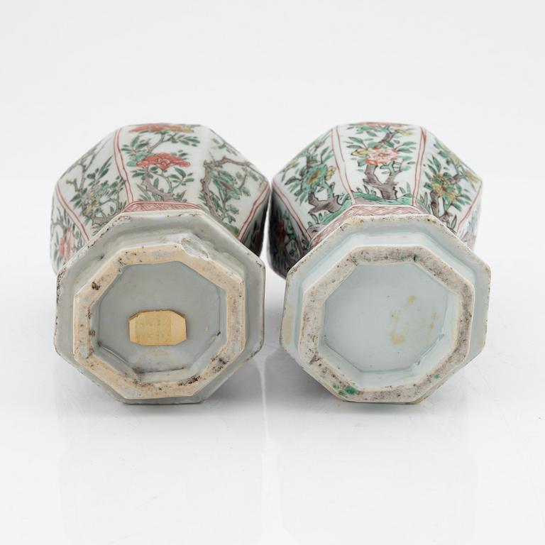 A matched pair of famille verte vases, Qing dynasty, 18th Century.