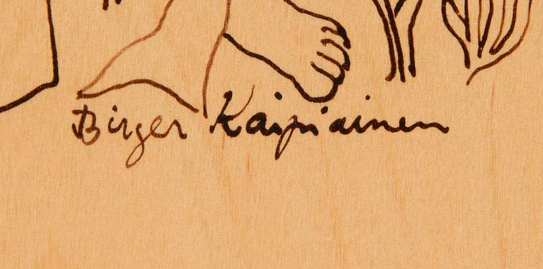 Birger Kaipiainen, drawing, ink on plywood, signed Birger Kaipiainen.