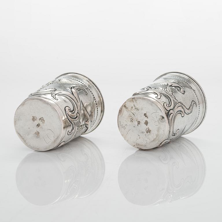 A pair of late 18th-century silver beakers, unknown maker's mark, alderman Alexei Kosirev, Moscow 1791.