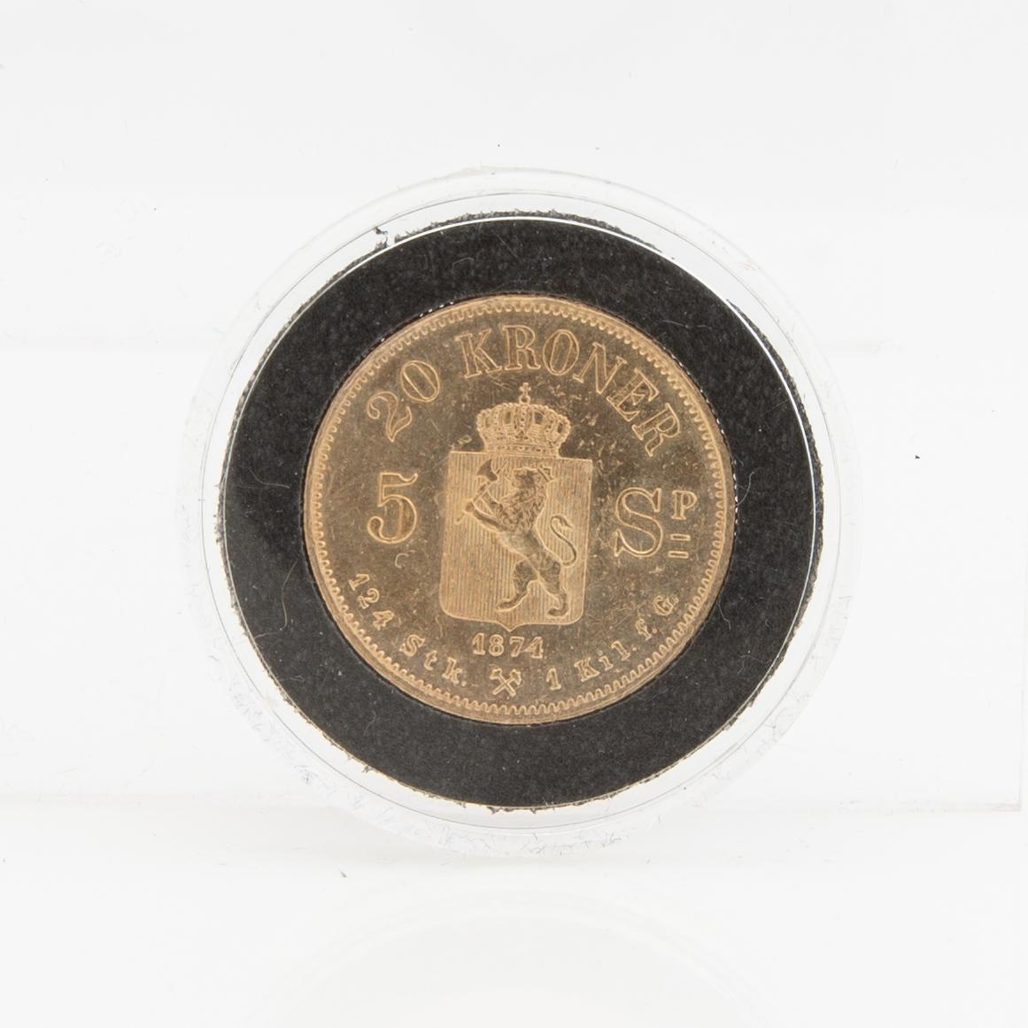Guldmynt Norge, Oscar II 20 kr 5 Speciedaler, 1874.