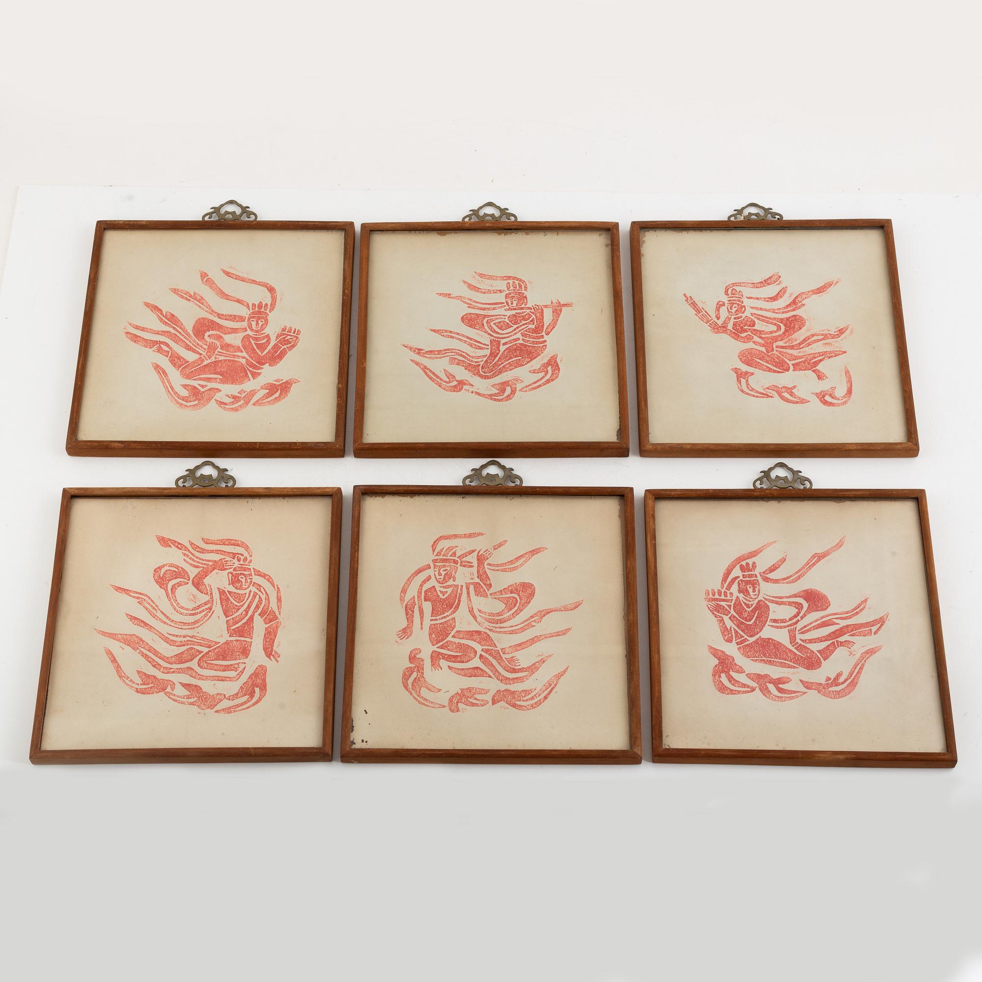 A set of six Chinese ink rubbings, two board games and a box with glass pearl embroidery.