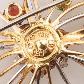 CF Carlman, Brooch 18K gold set with round brilliant-cut diamonds and faceted gemstones, Stockholm 1955.