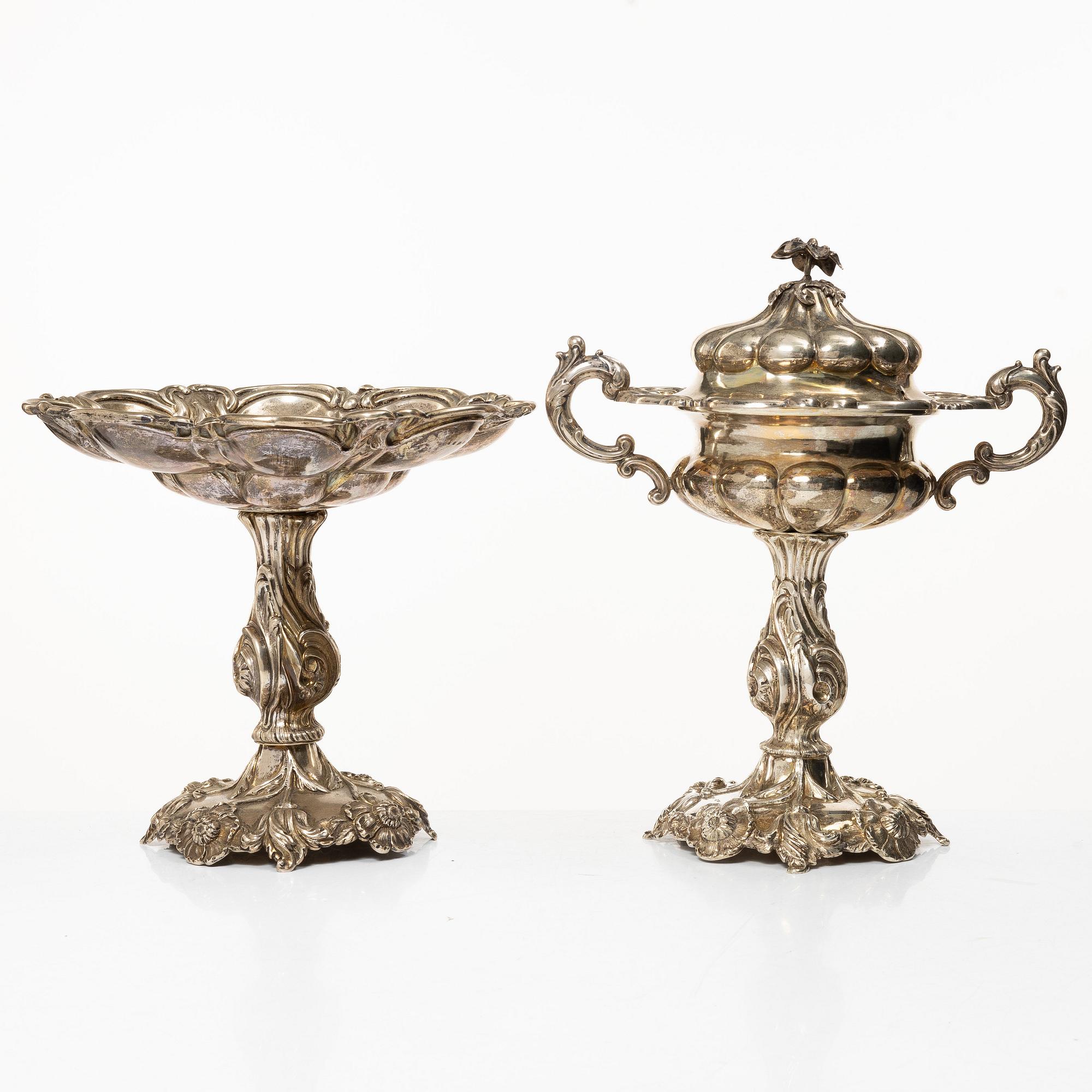 A Swedish silver sugar bowl and a centerpiece bowl, marks of G Möllenborg (Ferón) and C Hammer, Stockholm 1850-1860.