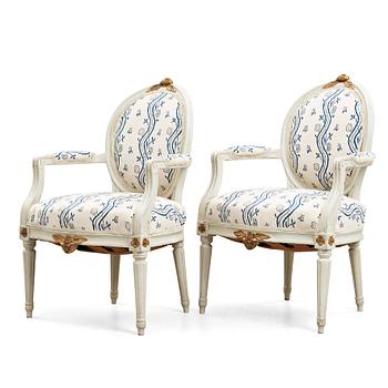 8. A pair of Gustavian 1780's armchairs by Jakob Malmsten (master in Stockholm 1780-1788).