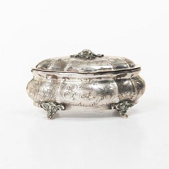 Sugar box, silver, Rococo style, Swedish import mark.