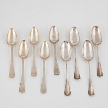 Four english place spoons, including William Soame, London, 1734, and five place spoons by Nils Wendelius, Sweden, 1837.