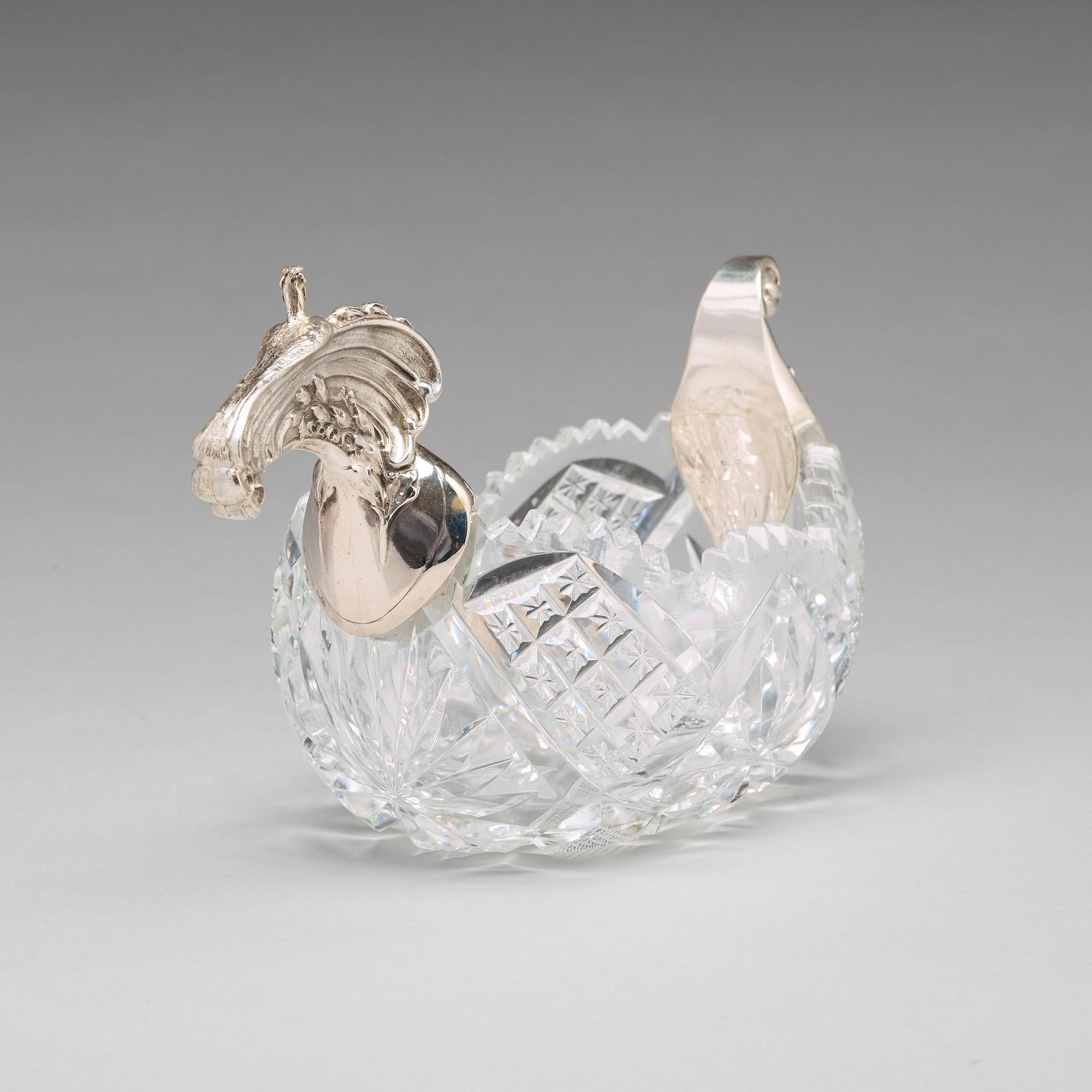A Russian early 20th century silver and glass kovsh, marked Gratchev, Moscow 1899-1908.