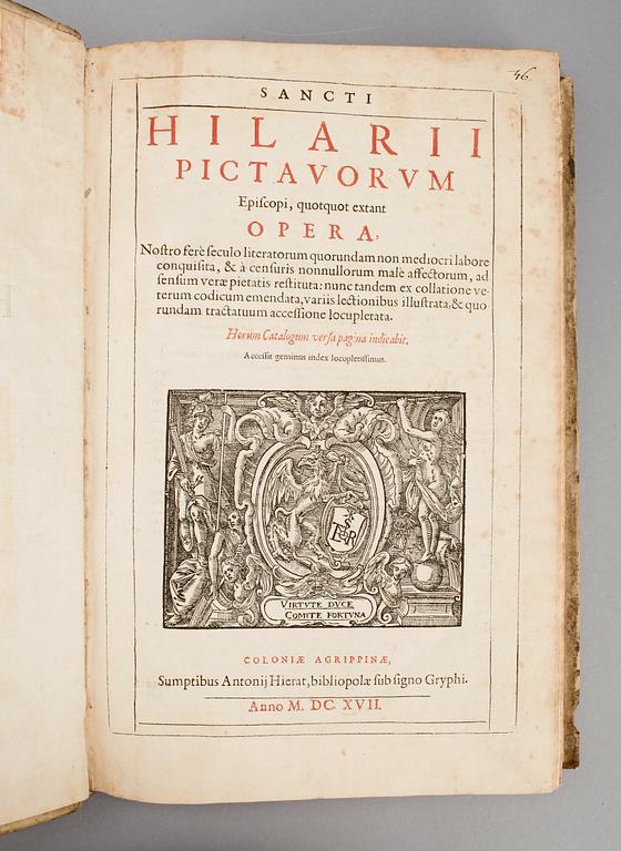 BÖCKER, 2 sambundna, "Sancti Hilarii pictavorum...opera" resp "S. Caecilii Cypriani Carthaginiensis...", Köln 1617.
