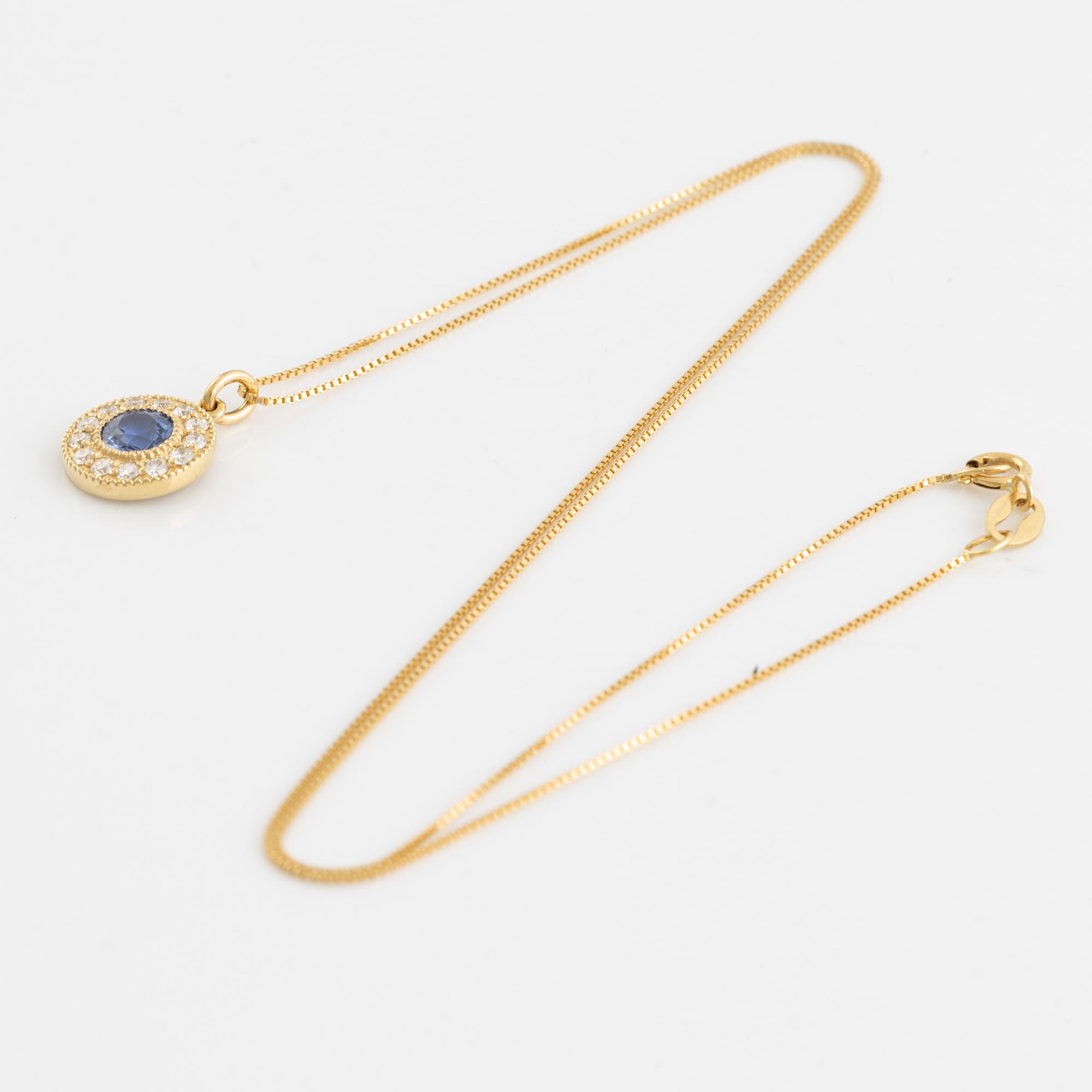 Hängsmycke med safir och briljantslipade diamanter, med kedja.