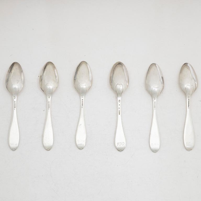 Carl Fredrik Seseman, six silver spoons, model "Rococo", Arboga 1804-1809.
