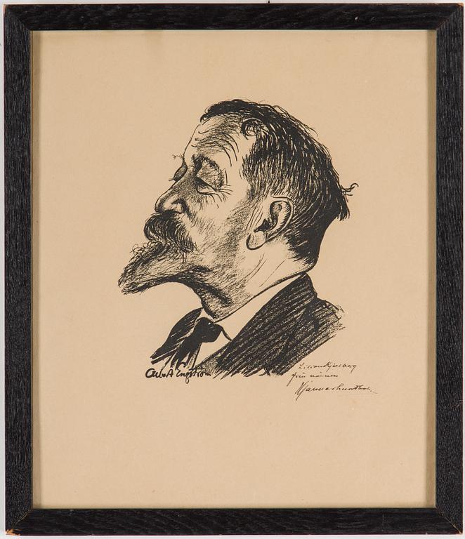 ALBERT ENGSTRÖM, litografi, signerad i trycket. Med handskriven dedikation från modellen Hjalmar Lundbohm.