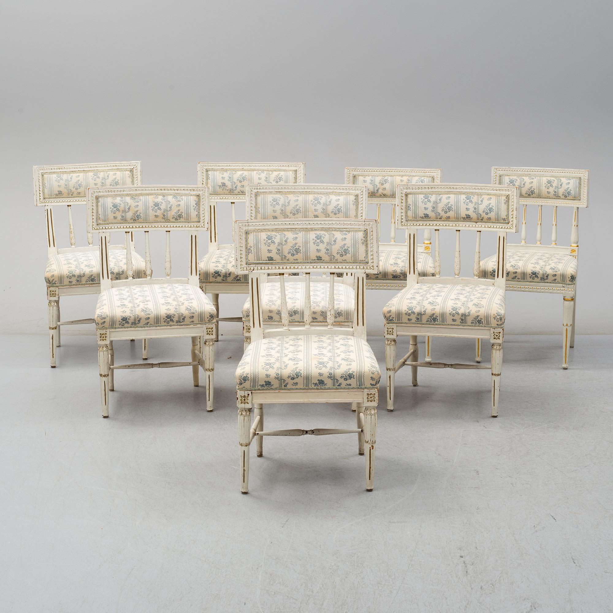 Eight chairs (6+2), late gustavian and late gustavian style, 19th century and ca 1900.