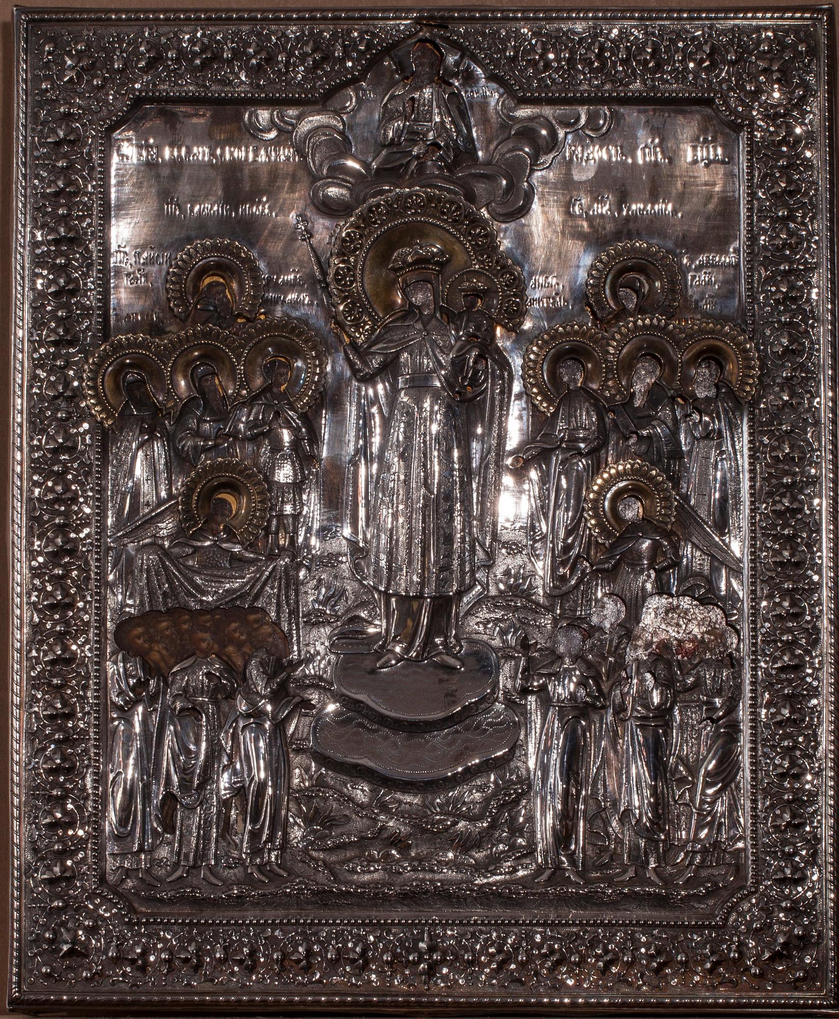IKON, Tempera på pannå, Ryssland, 1800-talets sista kvartal. Risa, silver. Mästare Ivanov M.I. Sankt Petersburg, 1880.
