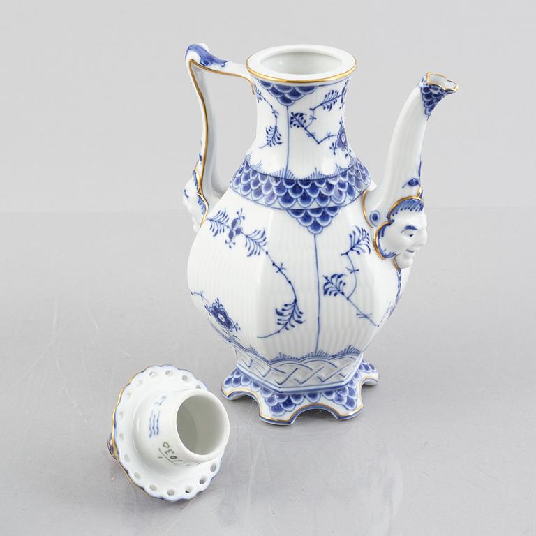 A 'Blue Fluted Full Lace' porcelain coffee pot, creamer and sugar bowl, Royal Copenhagen, 1030, 1031, 1112, 1950/60s,.
