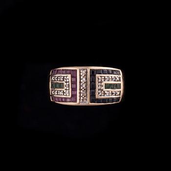 RING, 14K guld, diamanter tot ca 0,10 ct, små smaragder, safirer och rubiner. Totalvikt 5,3 g.