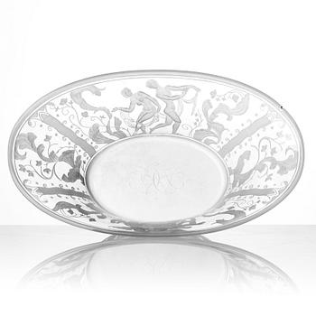 Simon Gate, a Swedish Grace engraved glass bowl with stand, Orrefors 1930, model 147, engraved by Karl Rössler.