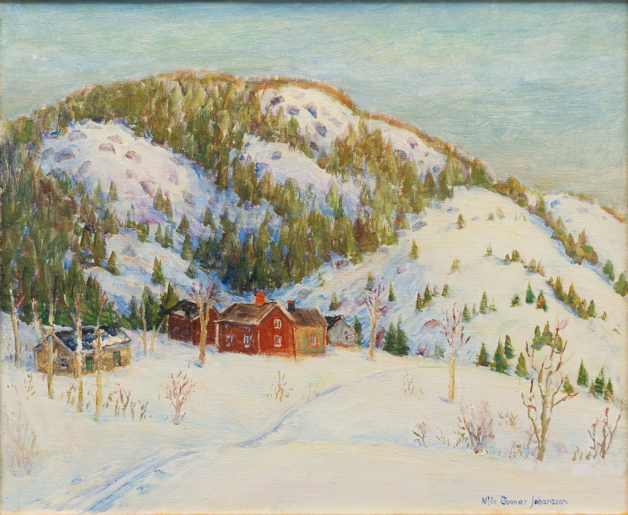 Nils Gunnar Johansson, Vinterlandskap med stugor vid fjäll.