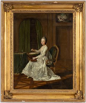 Unknown artist, 17th/18th century, Salon interior with a woman embroidering.
