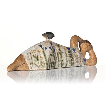 Lisa Larson, a unique chamotte stoneware sculpture of a reclining female figure with a bird, Gustavsberg Studio, probably 1950s-60s.
