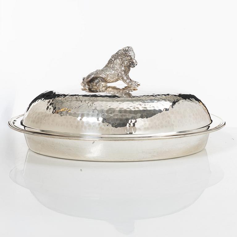 Covered bowl, silver plate, with glass insert, 20th century.