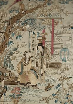 A silk embroidery with a scene from court life, Qing dynasty (1662-1912).