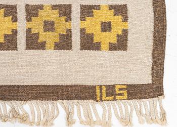 Ilsalestalon Mattolutomo, a flat weave rug, Kaukaba, Finland, signed ILS, c. 215 x 125 cm.