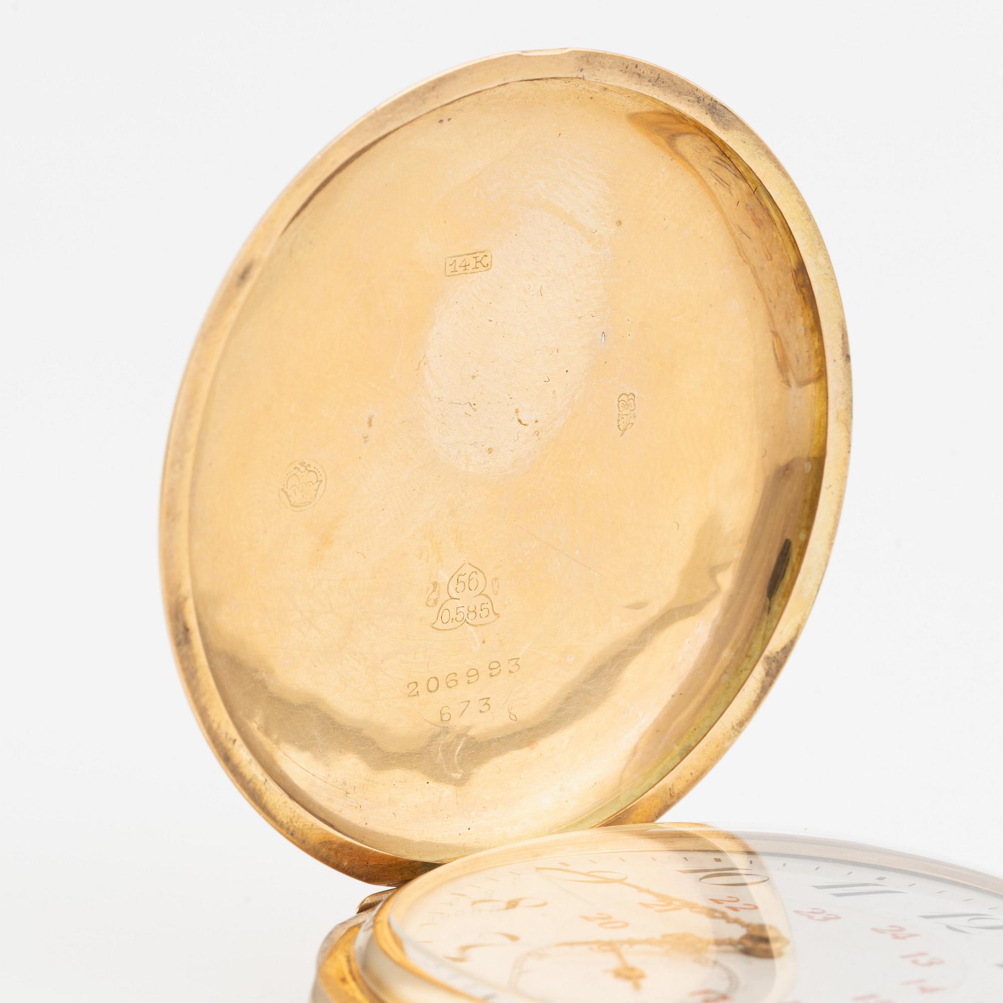 Pocket watch, hunter case, 14K gold, 60.5 mm.