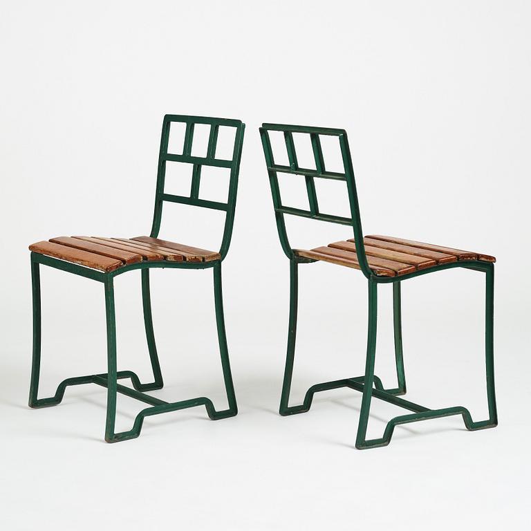 Carl Hörvik, a set of four iron framed garden chairs, ca 1927-1929, probably by Grythyttan Sweden for Lindgården, Stockholm.